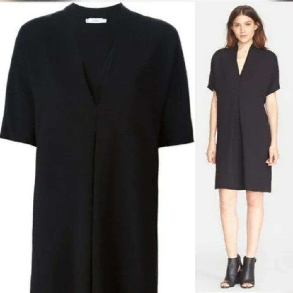 Vince Double V Inverted Pleat Crepe Shift Dress Black